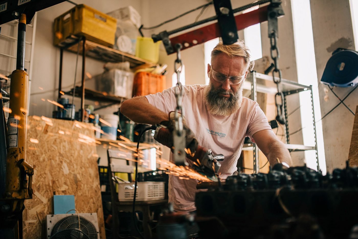 Max at work in his garage workshop